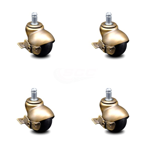 2 Inch Antique Brass Hooded Grip Ring Ball Casters with Brakes SCC, 4PK